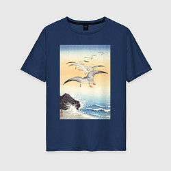 Футболка оверсайз женская Five Seagulls Above Turbulent Sea, цвет: тёмно-синий