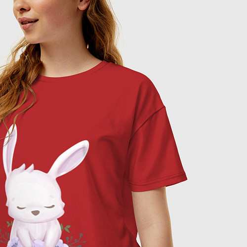 Женская футболка оверсайз Милый Крольчонок С Цветочками / Красный – фото 3