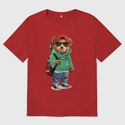 Футболка оверсайз женская Прикольный мишутка гитарист Cool teddy bear guitar, цвет: красный