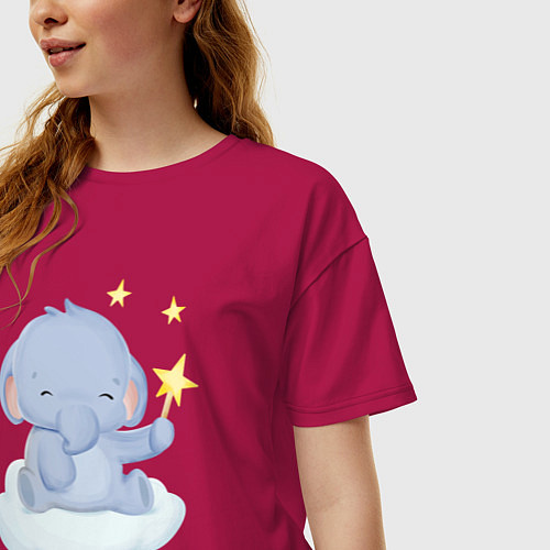 Женская футболка оверсайз Милый Слонёнок На Облаке Со Звездой / Маджента – фото 3