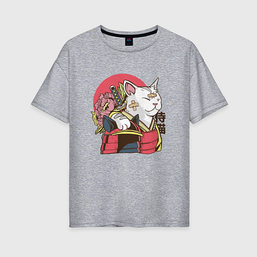 Женская футболка оверсайз Котик Самурай Samurai Cat Japanese art / Меланж – фото 1