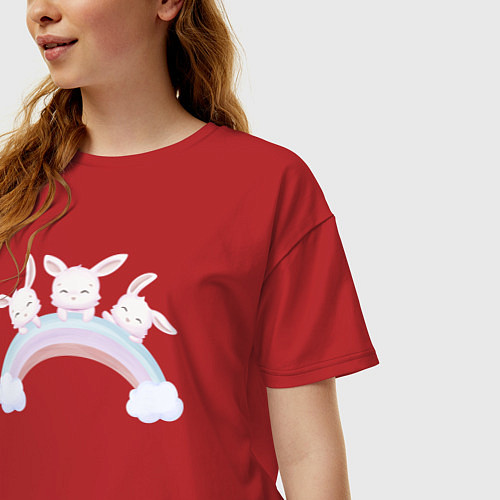 Женская футболка оверсайз Милые Крольчата На Радуге / Красный – фото 3