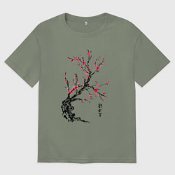 Футболка оверсайз женская Сакура с иероглифами, цвет: авокадо