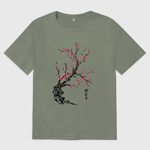 Женская футболка оверсайз Сакура с иероглифами / Авокадо – фото 1