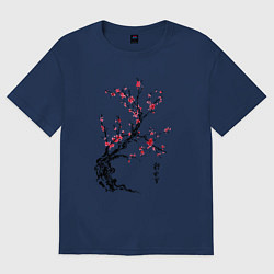 Футболка оверсайз женская Сакура с иероглифами, цвет: тёмно-синий