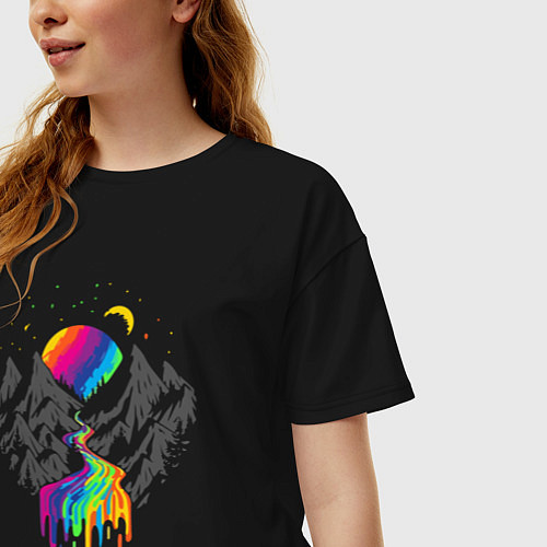 Женская футболка оверсайз Разноцветное солнце в горах Multicolored sun in th / Черный – фото 3