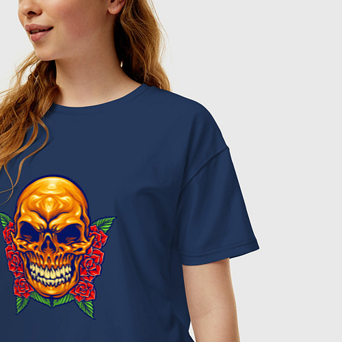 Женская футболка оверсайз Roses - Skull / Тёмно-синий – фото 3