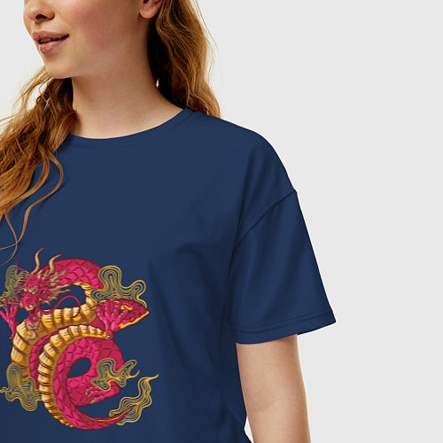 Женская футболка оверсайз Красный китайский дракон Red Chineese Dragon / Тёмно-синий – фото 3