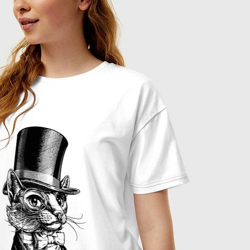 Женская футболка оверсайз Кот - английский джентльмен в колпаке The cat is a / Белый – фото 3