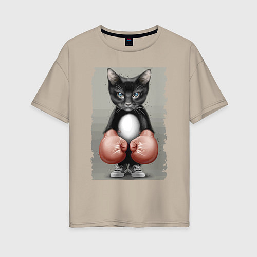 Женская футболка оверсайз Крутой котяра в боксёрских перчатках Cool cat in b / Миндальный – фото 1