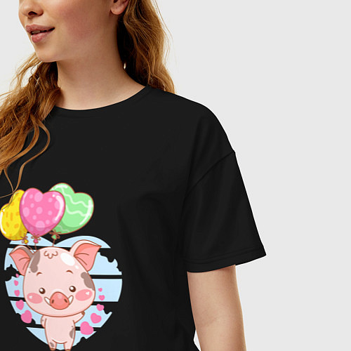 Женская футболка оверсайз Iam happy поросенок / Черный – фото 3