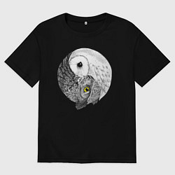 Футболка оверсайз женская Инь Янь по совиному, цвет: черный