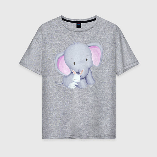Женская футболка оверсайз Милый Крольчонок Обнимает Слонёнка / Меланж – фото 1