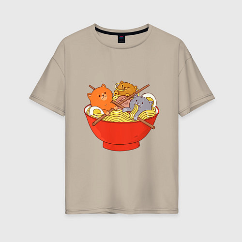 Женская футболка оверсайз THREE CATS EATING NOODLES / Миндальный – фото 1