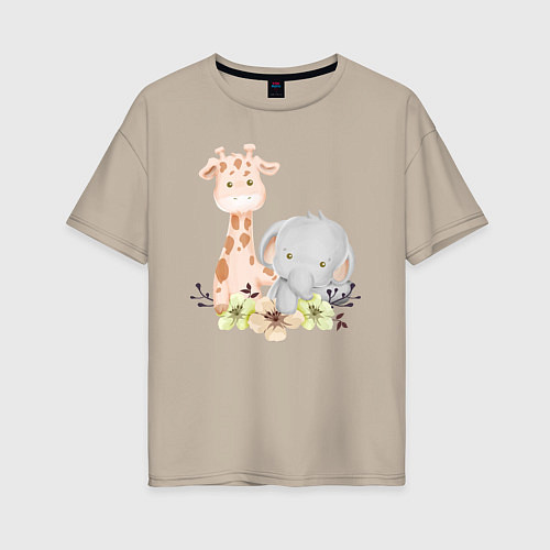 Женская футболка оверсайз Милый Жирафик и Слонёнок Сидят Среди Цветов / Миндальный – фото 1