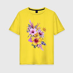 Футболка оверсайз женская Цветы Разноцветные Гибискусы, цвет: желтый