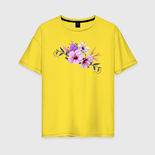 Женская футболка оверсайз Цветы Розовые Гибискус / Желтый – фото 1