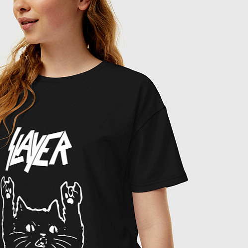 Женская футболка оверсайз Slayer Рок кот / Черный – фото 3