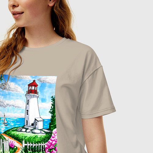 Женская футболка оверсайз Маяк на берегу / Миндальный – фото 3