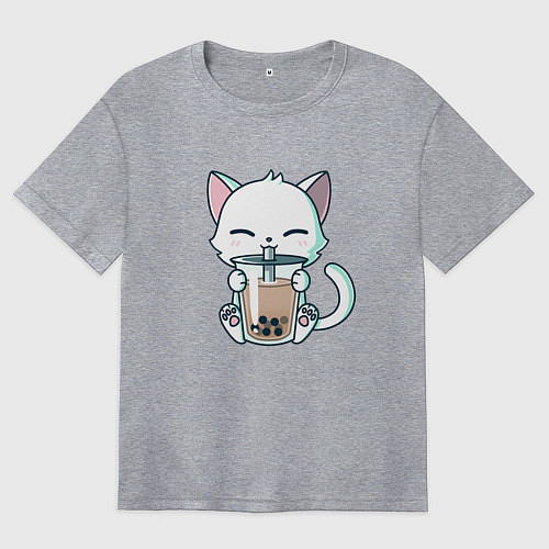 Женская футболка оверсайз Котик с бабл ти / Меланж – фото 1