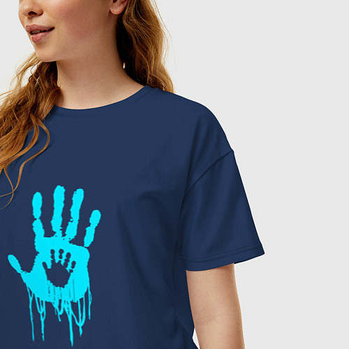 Женская футболка оверсайз Символ Death Stranding в неоновых цветах / Тёмно-синий – фото 3