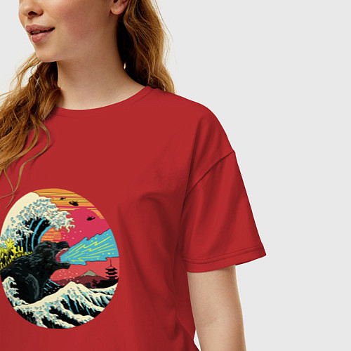 Женская футболка оверсайз Hokusai Kaiju / Красный – фото 3