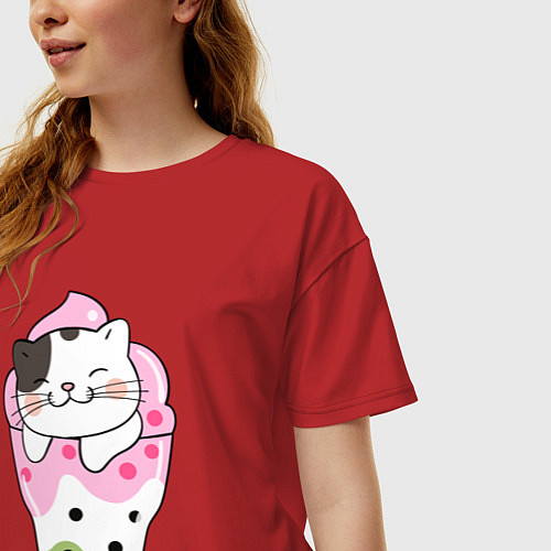 Женская футболка оверсайз Довольный котик в мороженом / Красный – фото 3