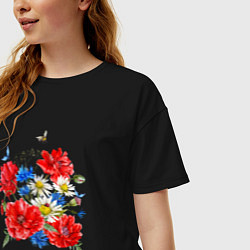 Футболка оверсайз женская Летний букет мак василек ромашка цветы лето, цвет: черный — фото 2