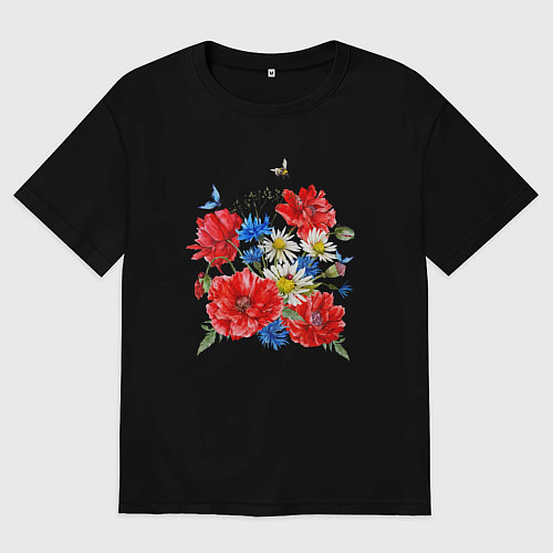 Женская футболка оверсайз Летний букет мак василек ромашка цветы лето / Черный – фото 1
