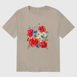 Футболка оверсайз женская Летний букет мак василек ромашка цветы лето, цвет: миндальный