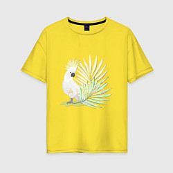 Женская футболка оверсайз Белый попугай с хохолком на фоне листьев пальмы