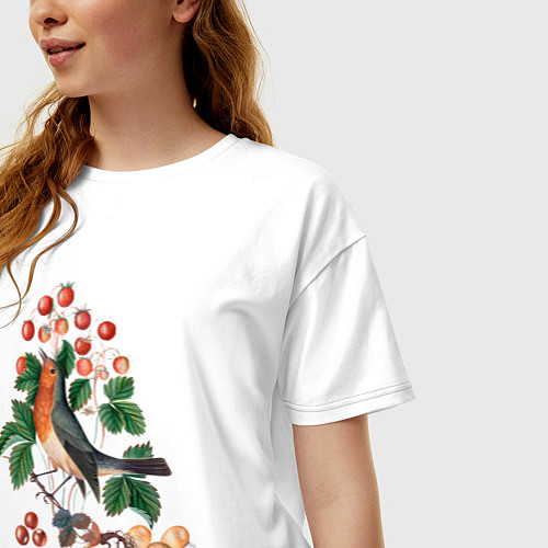 Женская футболка оверсайз European Robin and Wild Strawberry Дрозд и клубник / Белый – фото 3