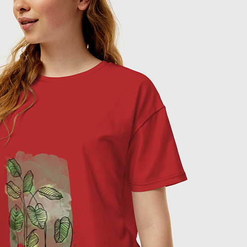 Женская футболка оверсайз Нежные листья на акварельном фоне / Красный – фото 3