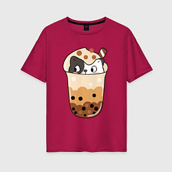 Футболка оверсайз женская Довольный котик в стакане с мороженым, цвет: маджента