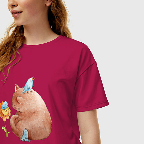 Женская футболка оверсайз Кошка с птичкой / Маджента – фото 3