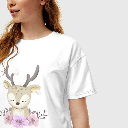 Женская футболка оверсайз Милый Оленёнок С Цветочками / Белый – фото 3