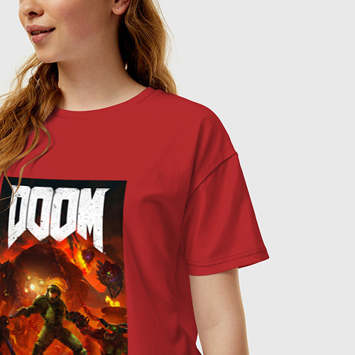 Женская футболка оверсайз Doom slayer - hell / Красный – фото 3