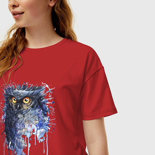 Женская футболка оверсайз Прикольная сова в акварельном рисунке / Красный – фото 3