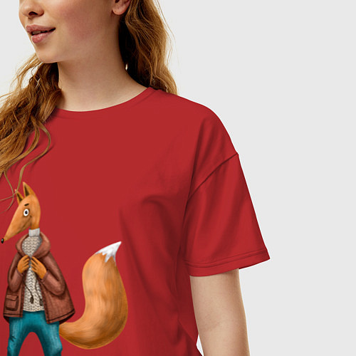 Женская футболка оверсайз Рыжий лис в зимней одежде / Красный – фото 3