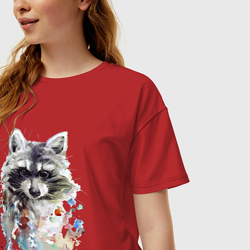 Женская футболка оверсайз Мордочка енота - акварель / Красный – фото 3