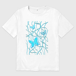 Футболка оверсайз женская Голубые бабочки и хаотичные линии, цвет: белый