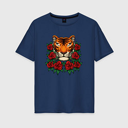 Футболка оверсайз женская Тигр в розах, цвет: тёмно-синий