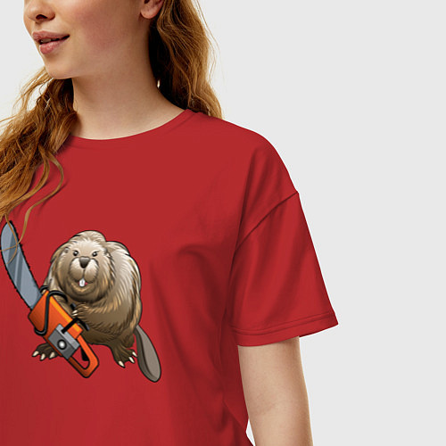 Женская футболка оверсайз Бобер с бензопилой / Красный – фото 3