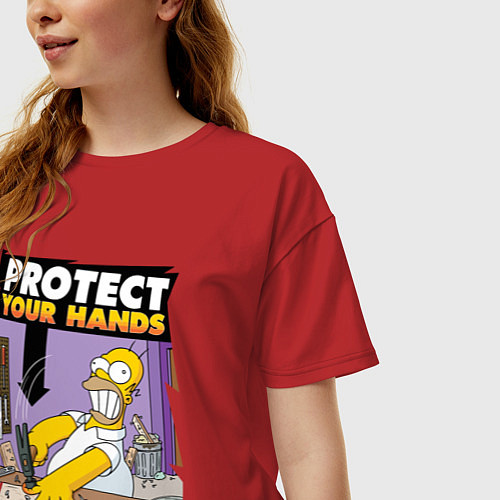 Женская футболка оверсайз Гомер, защити свои руки! / Красный – фото 3