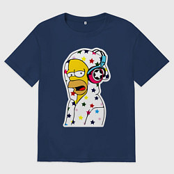 Футболка оверсайз женская Гомер Симпсон в звёздном балахоне и в наушниках, цвет: тёмно-синий