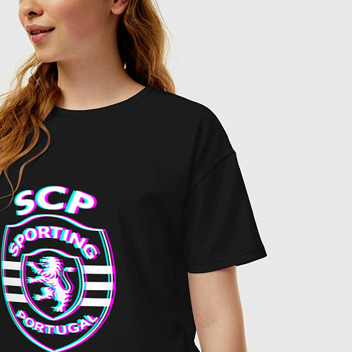 Женская футболка оверсайз Sporting FC в стиле glitch / Черный – фото 3