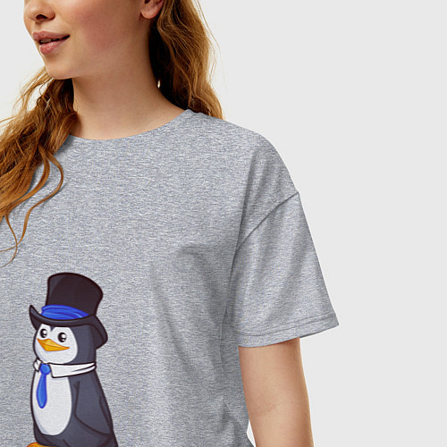 Женская футболка оверсайз Пингвин в цилиндре / Меланж – фото 3
