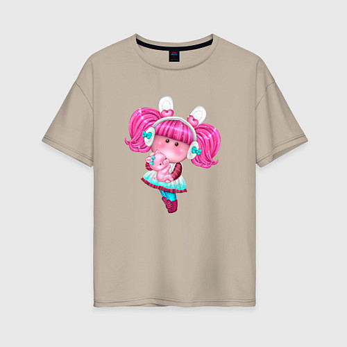 Женская футболка оверсайз Маленькая девочка с розовыми волосами / Миндальный – фото 1