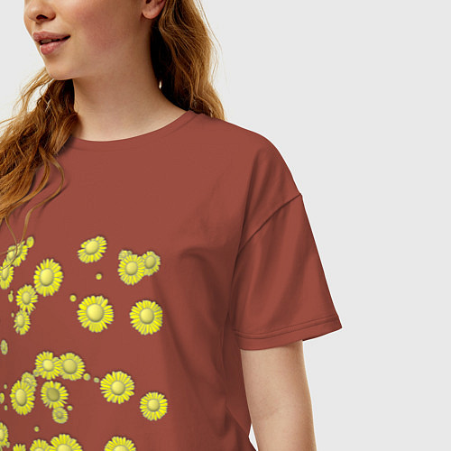 Женская футболка оверсайз Желтые цветы Ромашки Подсолнухи Подарок садоводу / Кирпичный – фото 3