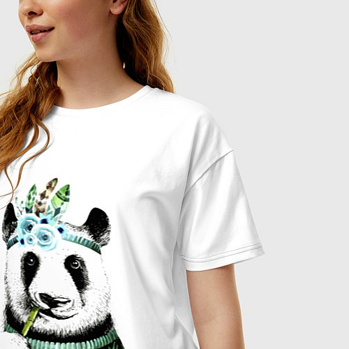 Женская футболка оверсайз Прикольный панда жующий стебель бамбука / Белый – фото 3
